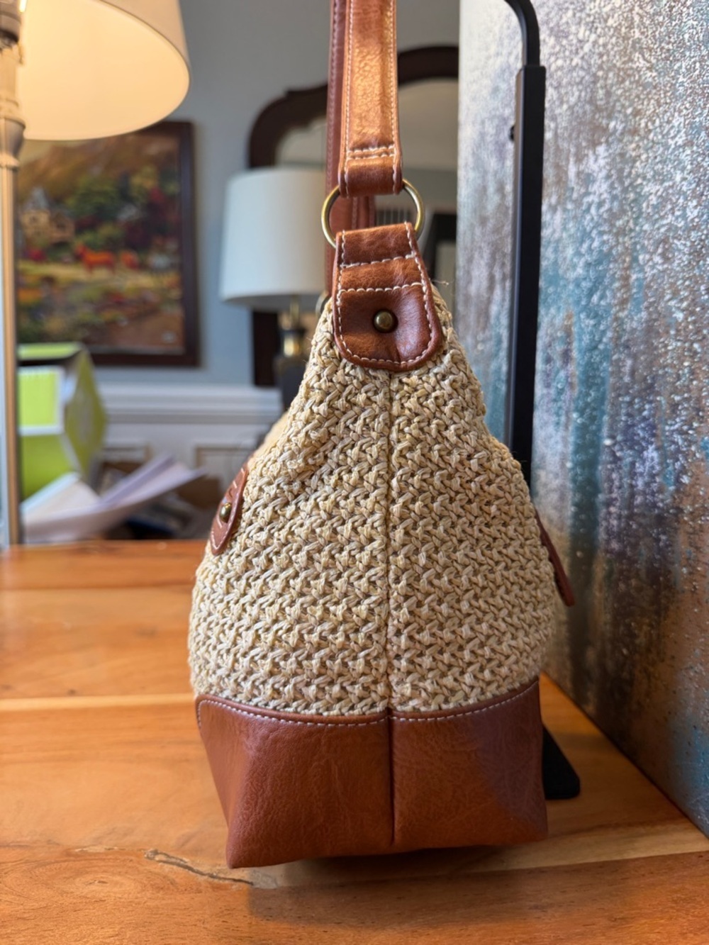 Stone Mountain Boho Woven Straw Faux Leather Crossbody Shoulder Bag Tan (VGUC) - Picture 10 of 16